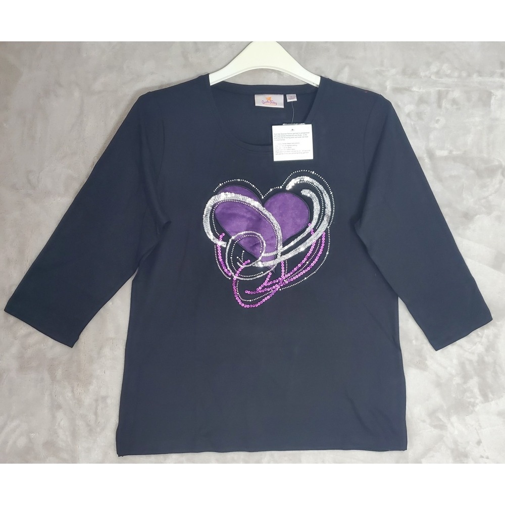 Quacker Factory 3/4 Sleeve Top Women's Size Small Black Purple Heart Sequins NWT